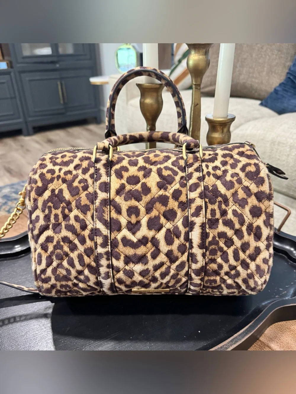 Kurt Geiger Kensington Leopard Boston Quilted Barrel Bag Purse-  Gold Hardware